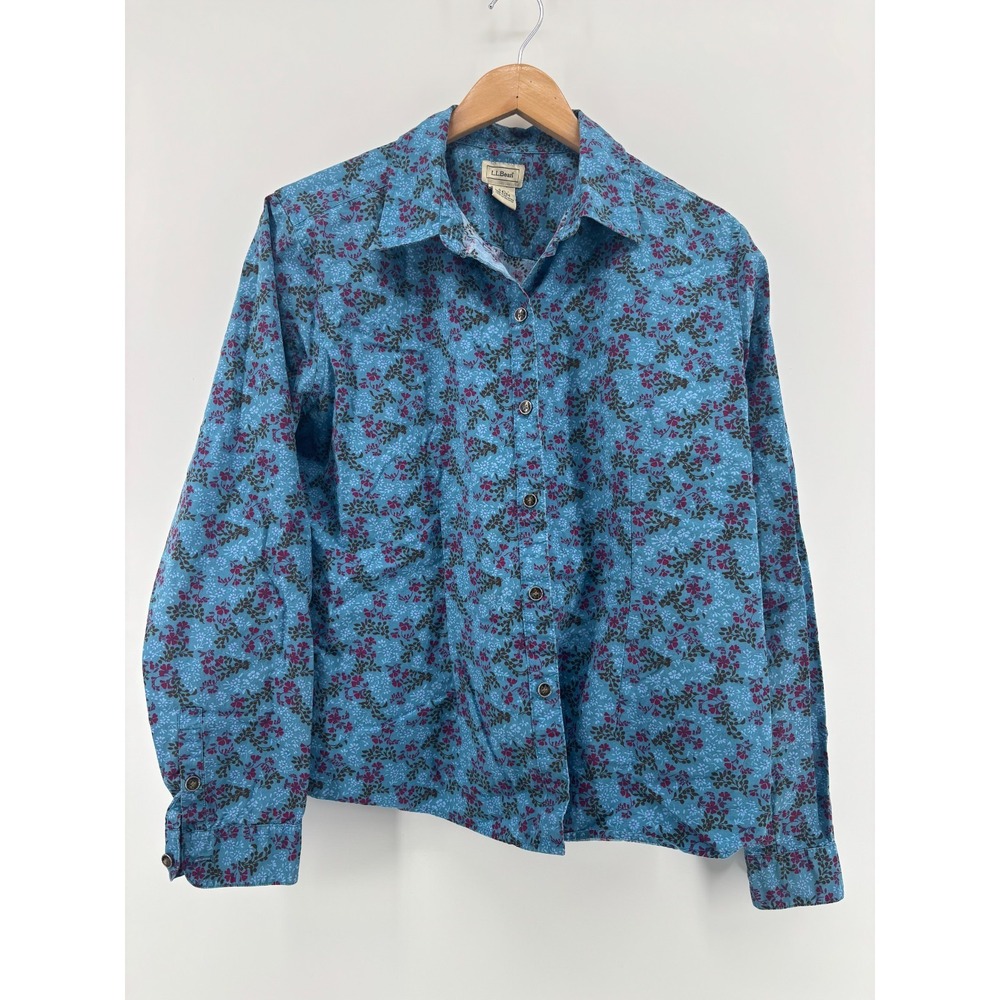 L.L. Bean Button-Up Shirt Womens Large Blue Floral Cotton Long Sleeve 0BJG4
